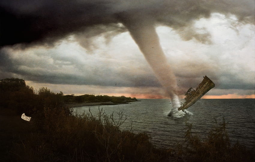 mare, nuvole, nave, tornado, uragano, la nave per , sezione ÑÐ¸ÑÑÐ°ÑÐ¸Ð¸, Water Tornado Sfondo HD